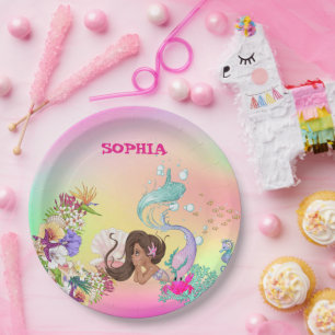 Mermaid Starfish Dark Hair Niedlich Rainbow Paper  Pappteller