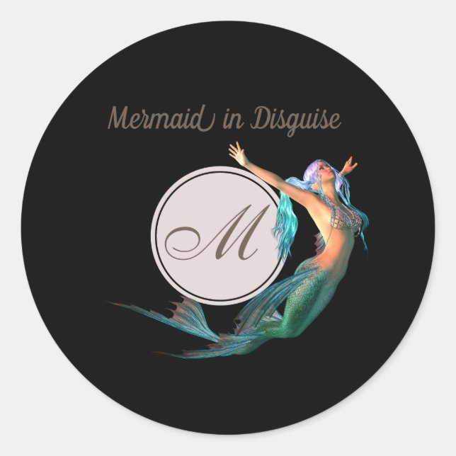 Mermaid Summer Monogram Black Modern Chic Runder Aufkleber (Vorderseite)