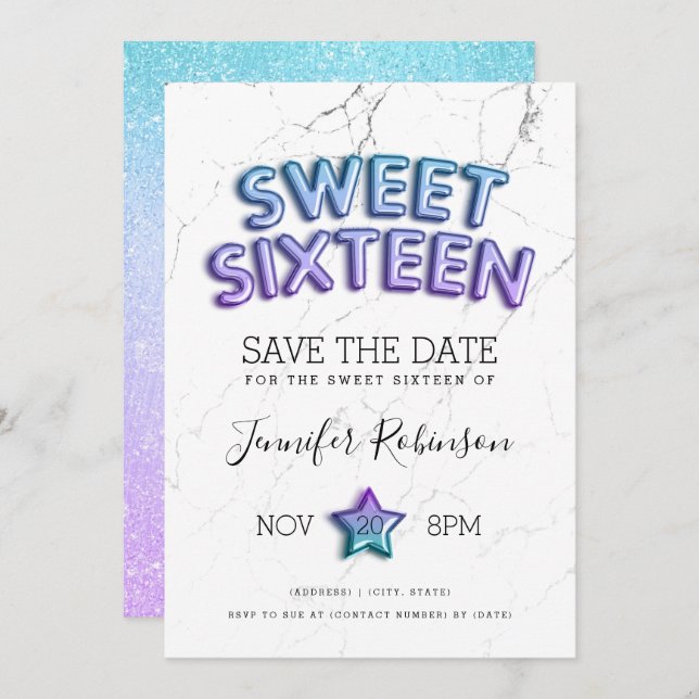 Mermaid Sweet 16 Save the Date Balloons Glitzer Einladung (Vorne/Hinten)