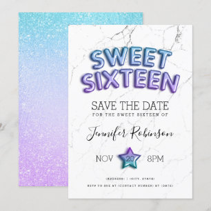 Mermaid Sweet 16 Save the Date Balloons Glitzer Einladung