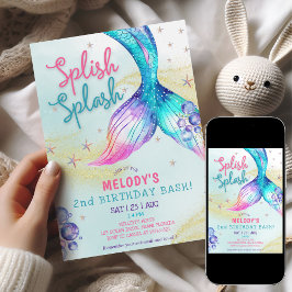 Mermaid Tail Glitter 2nd Birthday Invitation Einladung