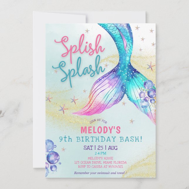 Mermaid Tail Glitter 9th Birthday Invitation Einladung (Vorderseite)