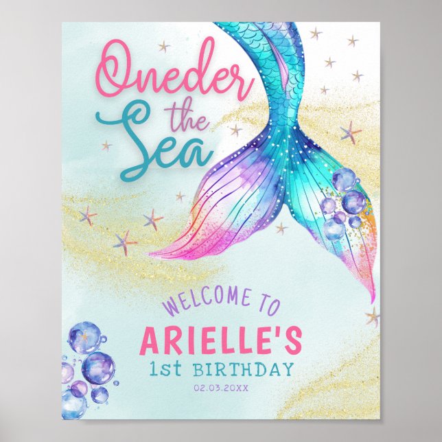 Mermaid Tail Onder the sea 1st birthday Welcome Poster (Vorne)