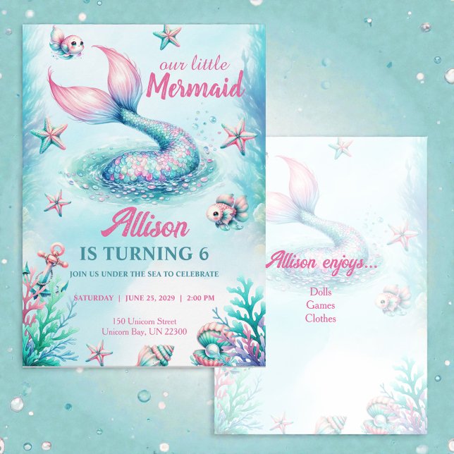 Mermaid Tail Teal Pink Girly Birthday Invitation Einladung (Von Creator hochgeladen)