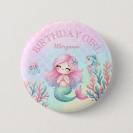 Mermaid Tail Teal Pink Girly Birthday Party Button