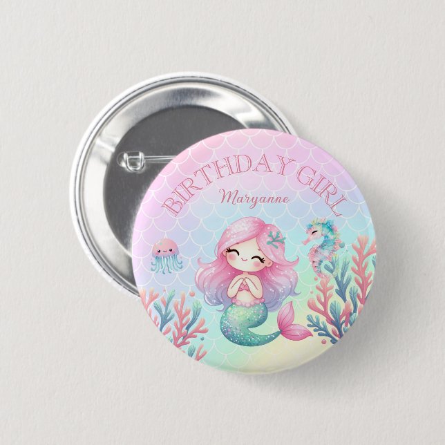 Mermaid Tail Teal Pink Girly Birthday Party Button (Vorne & Hinten)