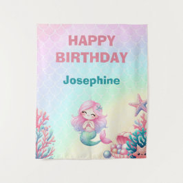 Mermaid Tail Teal Pink Girly Birthday Wandteppich