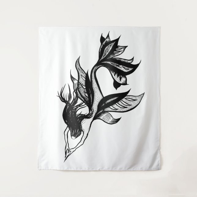 Mermaid Tattoo Style Stipple Schattierter Tinte Ge Wandteppich (Vorderseite)