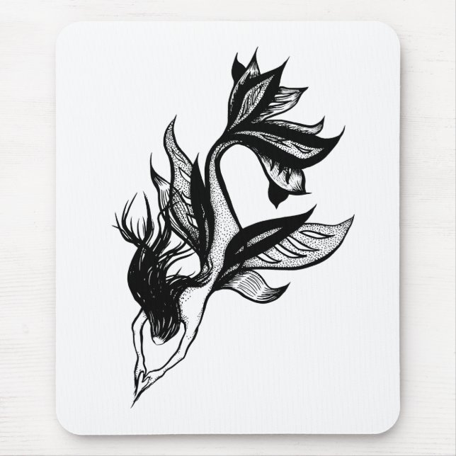 Mermaid Tattoo Style Stipple Schattige Tinte Zeich Mousepad (Vorne)