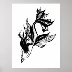Mermaid Tattoo Style Stipple Schattige Tinte Zeich Poster
