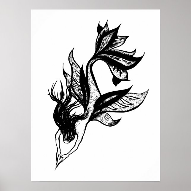 Mermaid Tattoo Style Stipple Schattige Tinte Zeich Poster (Vorne)