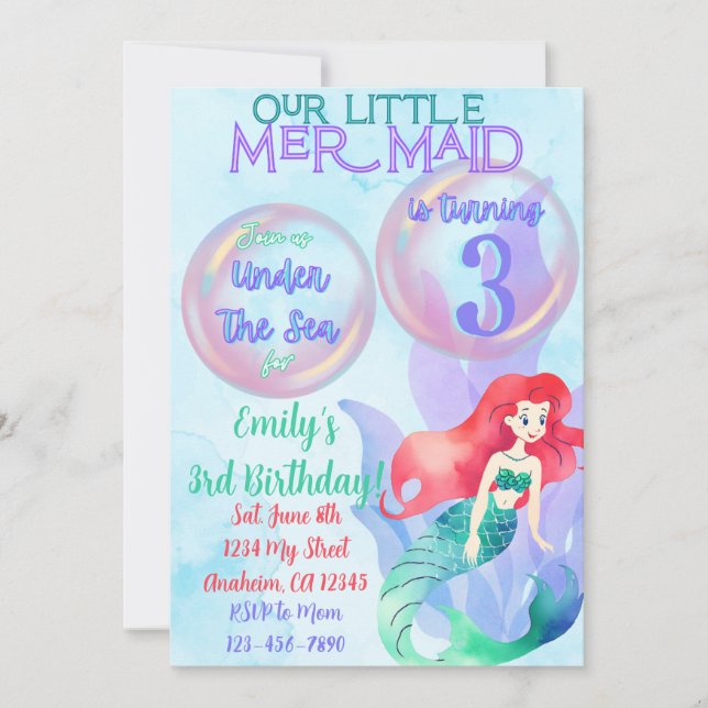 Mermaid Thema Birthday Einladung (Vorderseite)