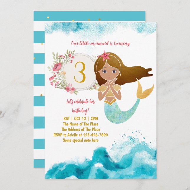 Mermaid Thema unter dem Sea Baby Girl 3. Geburtsta Einladung (Vorne/Hinten)
