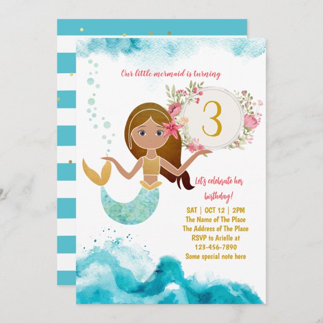 Mermaid Thema unter dem Sea Baby Girl 3. Geburtsta Einladung (Vorne/Hinten)