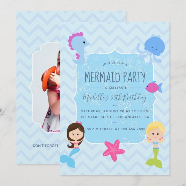 Mermaid thematisch Geburtstagsparty hinzufügen Fot Einladung (Vorne/Hinten)