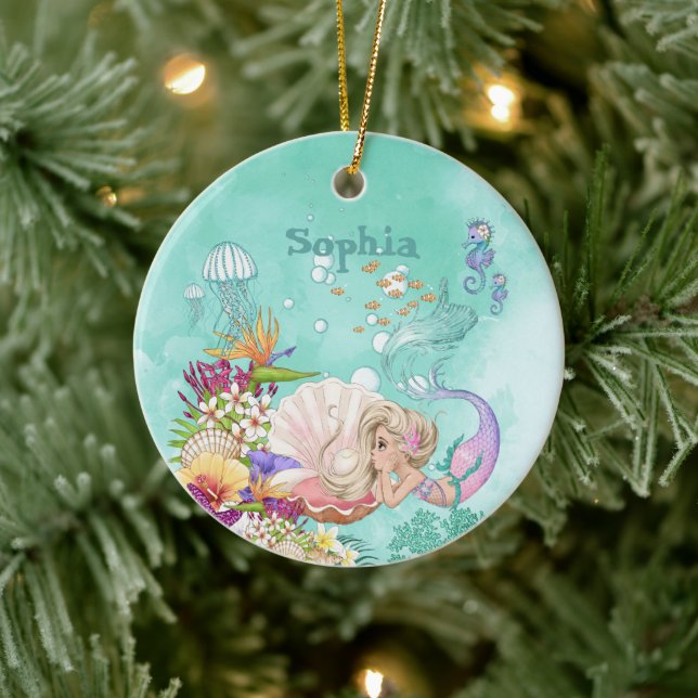 Mermaid Theme Pink Blue Niedliche Keramik Ornament (Baum)