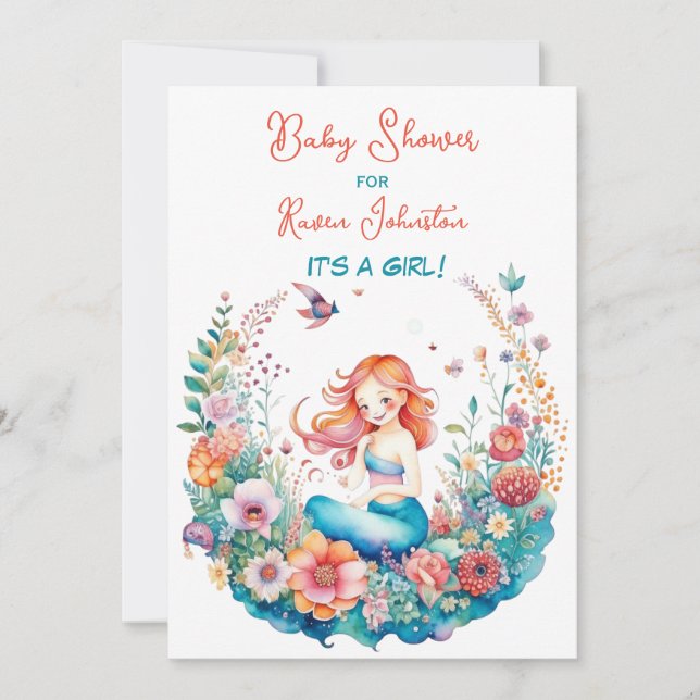 Mermaid Themed Floral Girl's Baby Shower Einladung (Vorderseite)