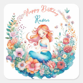 Mermaid Themed Floral Girl's Geburtstagsparty Quadratischer Aufkleber