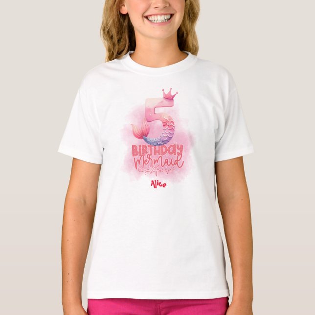 Mermaid Themed Girl's 5. Geburtstag Personalisiert T-Shirt (Vorderseite)