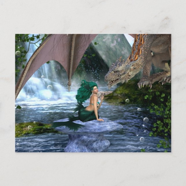 Mermaid trifft Dragon Fantasy Wasserfall Postkarte (Vorderseite)