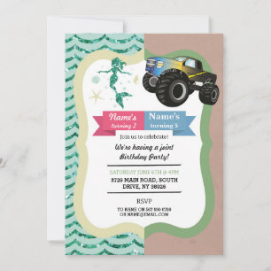 Mermaid & Trucks Joint Boy Girl Birthday Invites Einladung