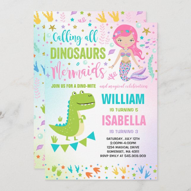 Mermaid und Dinosaur Geburtstag Einladung magisch (Vorne/Hinten)