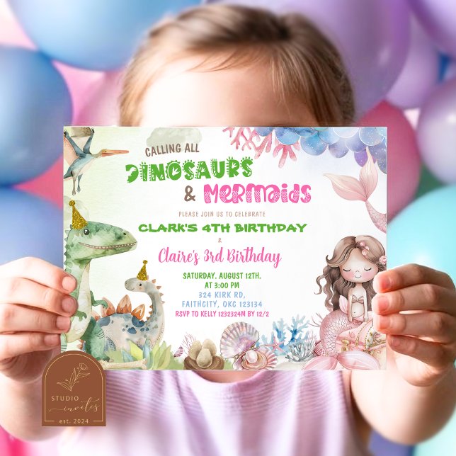 Mermaid und Dinosaurier Twins Joint Geburtstag Einladung (Von Creator hochgeladen)