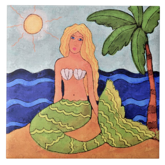 Mermaid und Palm Tree Abstrakte digitale Malerei Fliese (Vorderseite)
