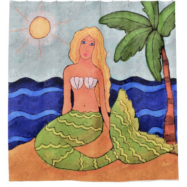 Mermaid und Palm Tree Abstrakte Kunst Duschvorhang (Vorderseite)