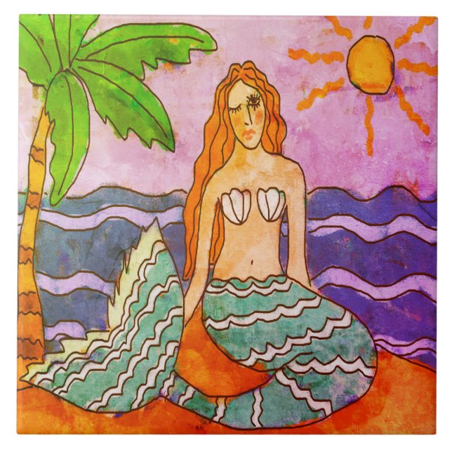 Mermaid und Palm Tree Abstrakte Kunst Fliese (Vorderseite)