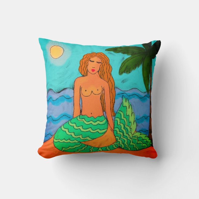 Mermaid und Palm Tree Abstrakte Kunst Kissen (Vorderseite)