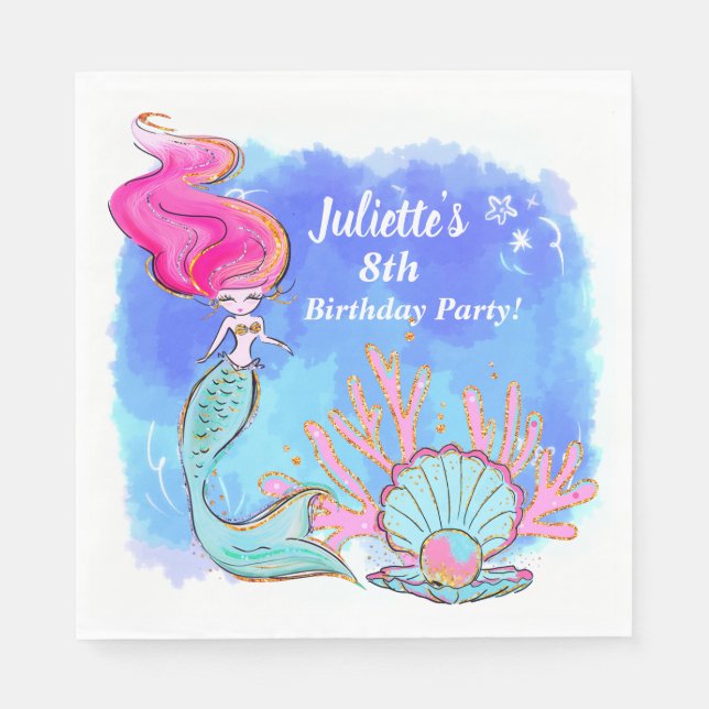 Mermaid und Pearl Clam Birthday Serviette (Vorderseite)