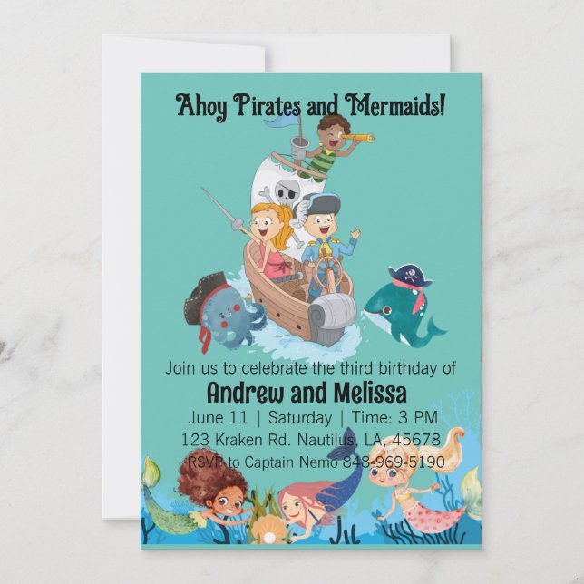 Mermaid und Pirate Birthday Einladung (Vorderseite)