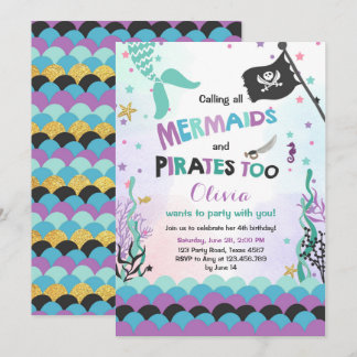 Mermaid und Pirate - Einladung zum Geburtstag Lila