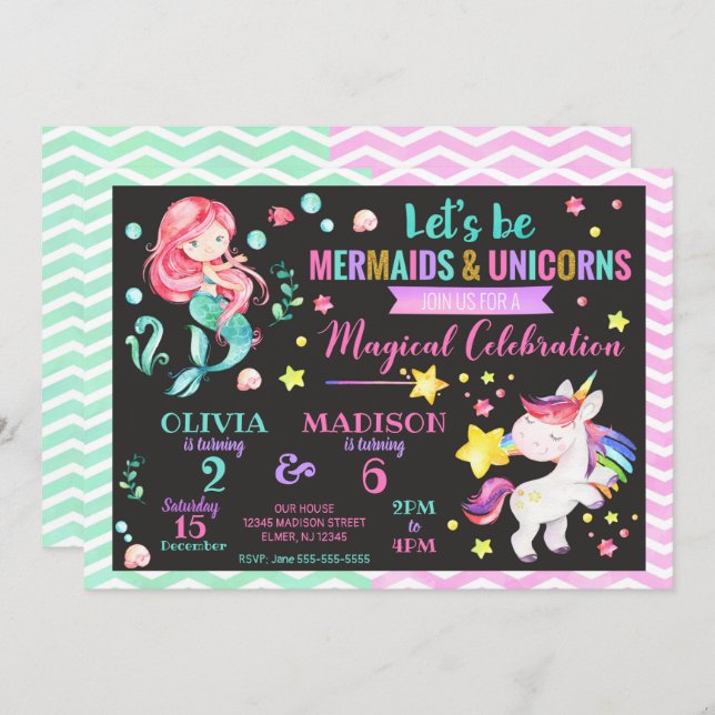 Mermaid und Unicorn Joint Birthday Einladung (Vorne/Hinten)