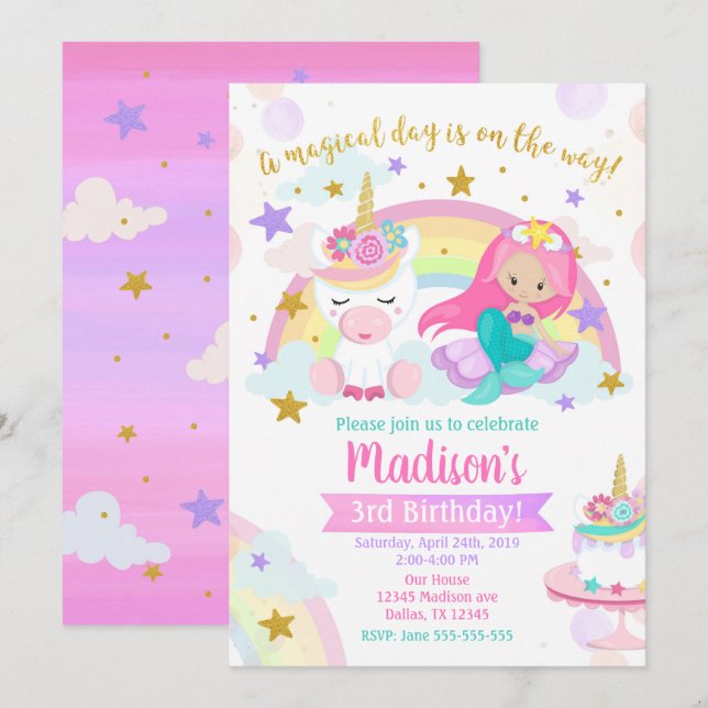 Mermaid und Unicorn Magical Birthday Einladung (Vorne/Hinten)