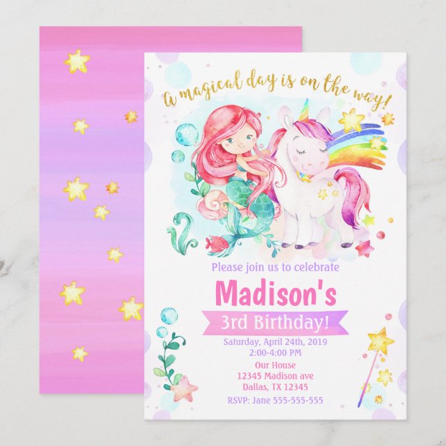 Mermaid und Unicorn Magical Birthday Einladung (Vorne/Hinten)