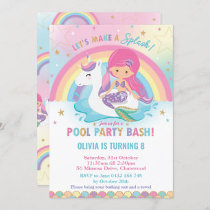Mermaid und Unicorn Pool Party Geburtstag Pink Hai Einladung