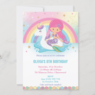 Mermaid und Unicorn Rainbow Pool Party Geburtstag Einladung