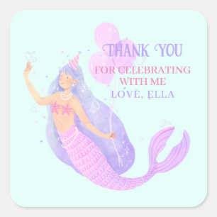Mermaid Under Sea Birthday Blue Vielen Dank Quadratischer Aufkleber