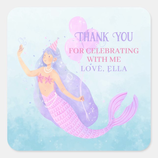 Mermaid Under Sea Birthday Blue Vielen Dank Quadratischer Aufkleber (Vorderseite)