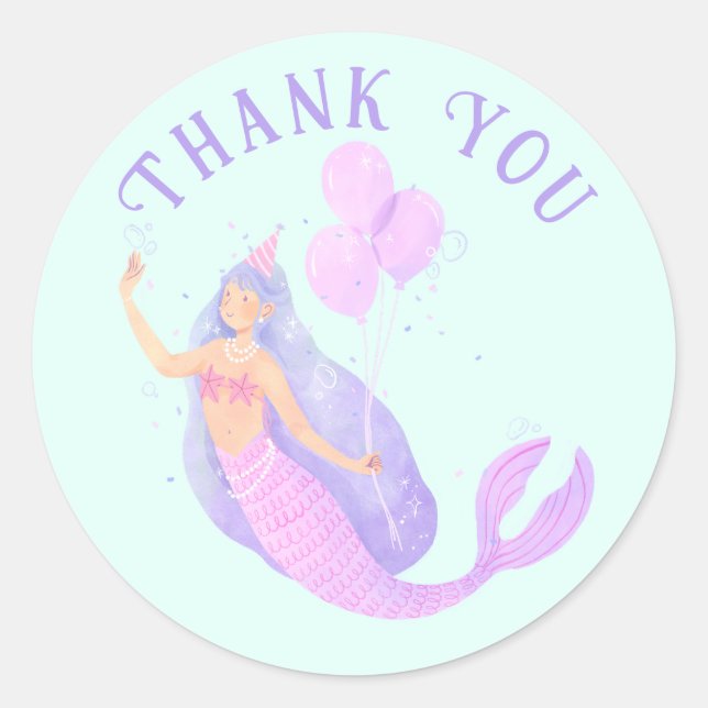 Mermaid Under Sea Birthday Girl Blue Vielen Dank Runder Aufkleber (Vorderseite)