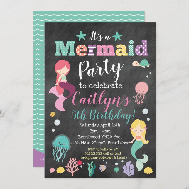 Mermaid Under Sea Birthday Party - Chalkboard Einladung (Vorne/Hinten)