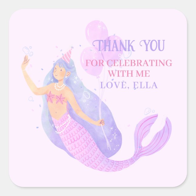 Mermaid Under Sea Birthday Party Danke Quadratischer Aufkleber (Vorderseite)