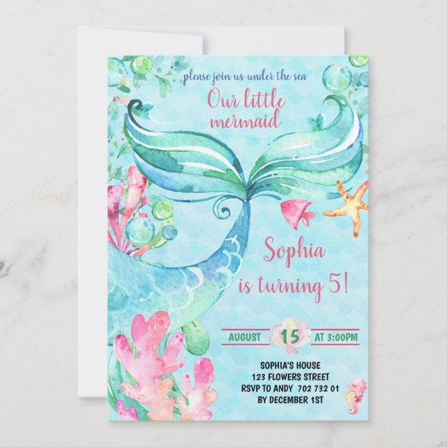 Mermaid Under Sea Girl Birthday Party Einladung (Vorderseite)