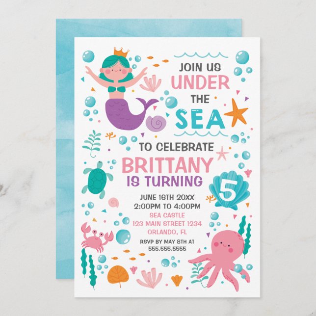 Mermaid Under the Sea birthday invitation Einladung (Vorne/Hinten)