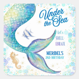 Mermaid Under the Sea Birthday Quadratischer Aufkleber