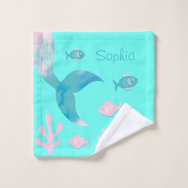 Mermaid Under the Sea Pastel Pink Blue Aqua Girls Badhandtuch Set (Waschlappen)