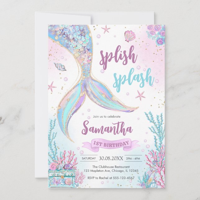 Mermaid Under the Sea Splish Splash Birthday Einladung (Vorderseite)