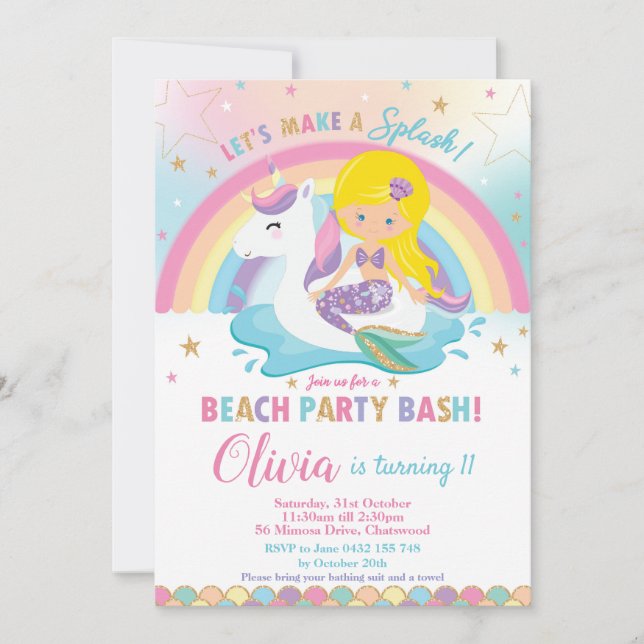 Mermaid Unicorn Beach Party Birthday Blond Einladung (Vorderseite)